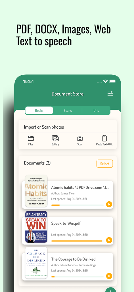 Narro Reader - Narro Reader app interface displaying a document library with options to import files and convert books to speech.