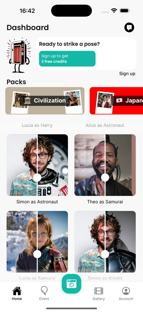 Photobooth AI - Panel de la aplicación Photobooth AI mostrando pantalla dividida con transformaciones de IA en personajes como un astronauta o un samurái