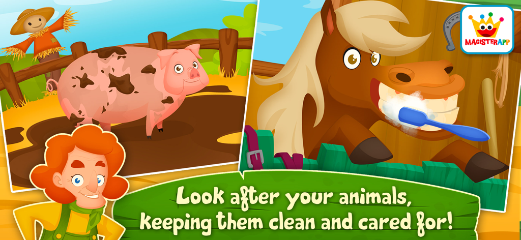 Farm Animal Games for Kids 2-5 - 幼児向け農場知育ゲームに登場する、水たまりの中の泥だらけのブタと、歯磨きをしてもらっている馬。