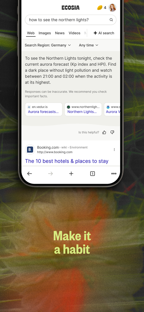 Ecosia Mobile App zeigt KI-Suchergebnisse für Nordlichter und den Text Machen Sie es zur Gewohnheit.
