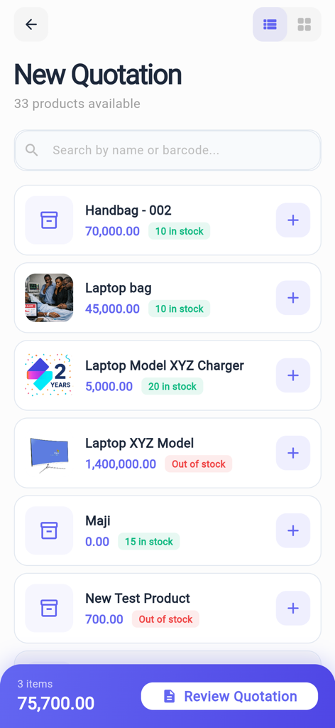 SmartBusiness Bookkeeping App - Interfaccia dell'app SmartBusiness per la creazione di un nuovo preventivo con ricerca prodotti e monitoraggio delle scorte.