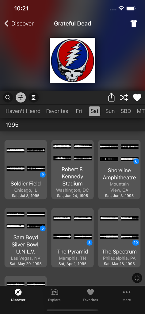 Live Music Archive - Interface of the Live Music Archive app displaying a list of live Grateful Dead concert recordings from 1995 across various US venues