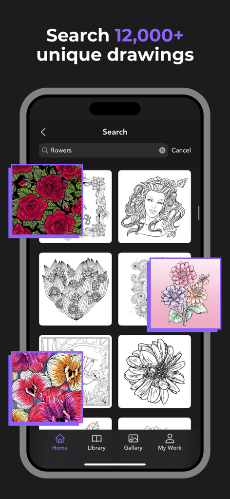 A mobile interface showing the search feature in Pigment app with various floral coloring pages