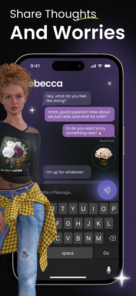 AI Friend app chat interface showing a conversation with a 3D female avatar named Rebecca and the headline Share Thoughts and Worries