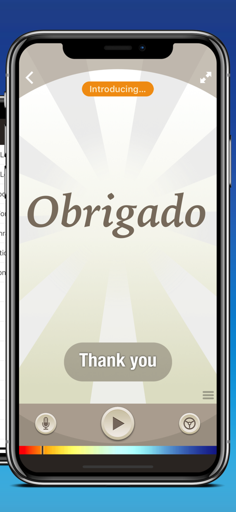 Brazilian Portuguese by Nemo - Brazilian Portuguese by Nemo app interface showing a flashcard for the word Obrigado with its English translation Thank you