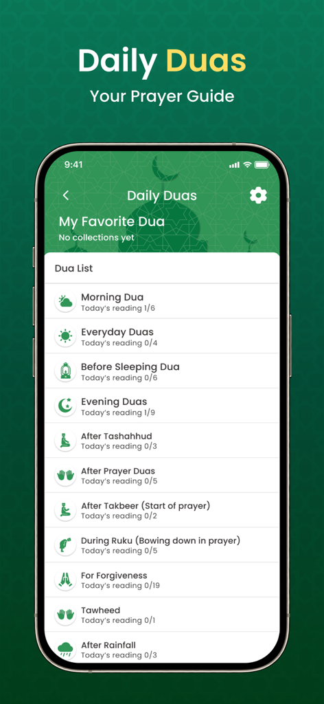 A mobile app screen displaying a list of Daily Duas and Islamic prayer guides.
