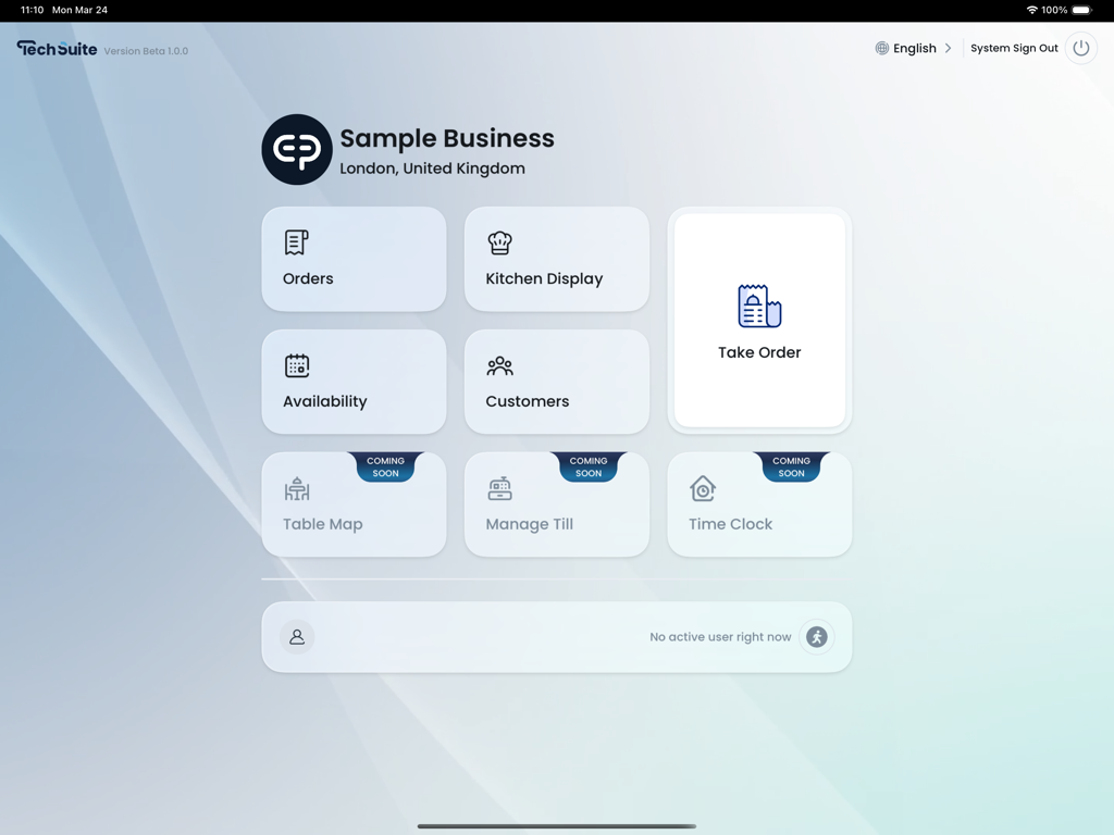 Main dashboard of the TechSuite POS app on an iPad showing restaurant management features like orders and kitchen display.