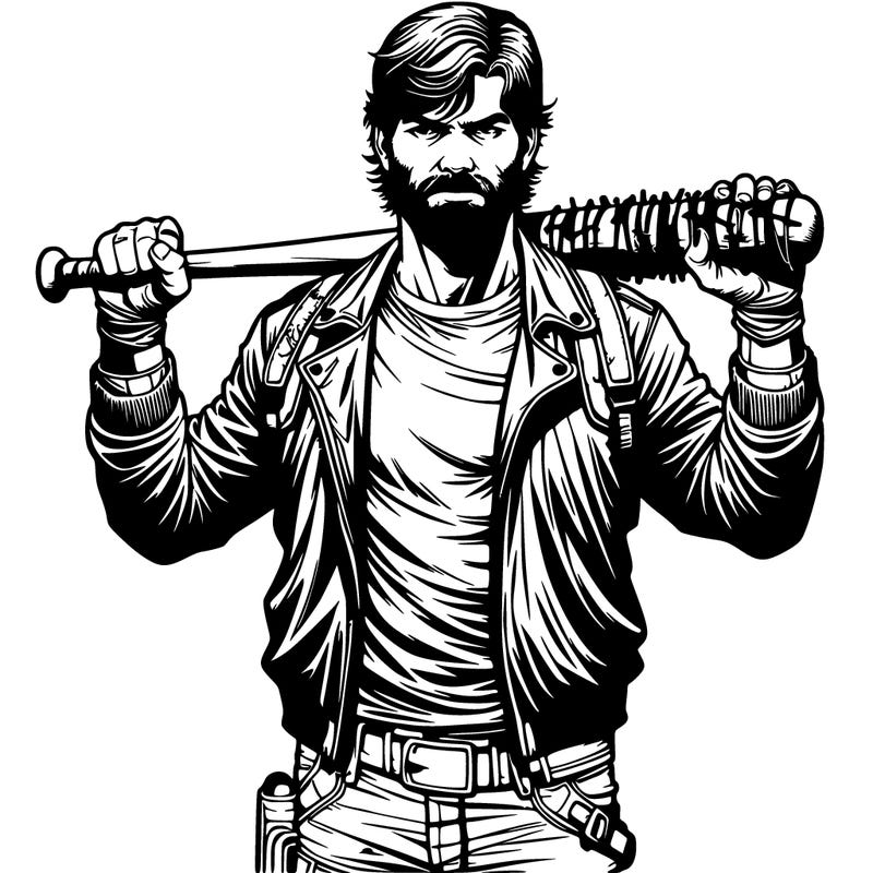 realistic negan smith from twd comics holding a bat over his shoulders