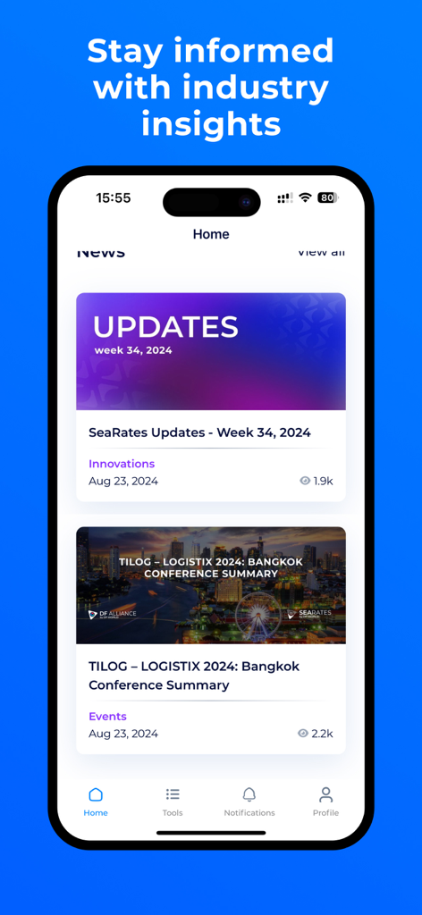 SeaRates - SeaRates mobile app home screen showing logistics news and industry insights