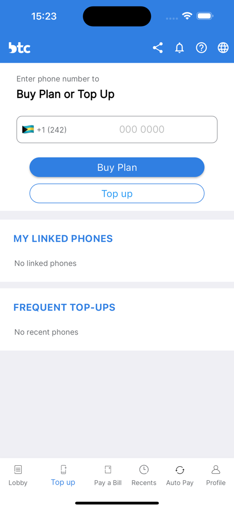 MyBTC - MyBTC app interface for purchasing mobile plans and topping up accounts.