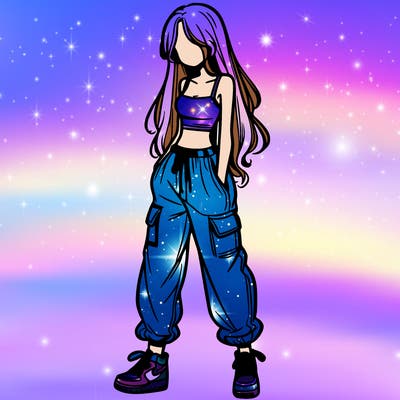 girl in baggy pants crop top and long hair