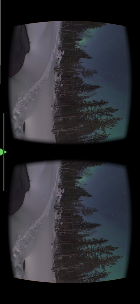 VR Player : 3D VR 360 VR Video - Split screen side by side VR view of a winter landscape with northern lights
