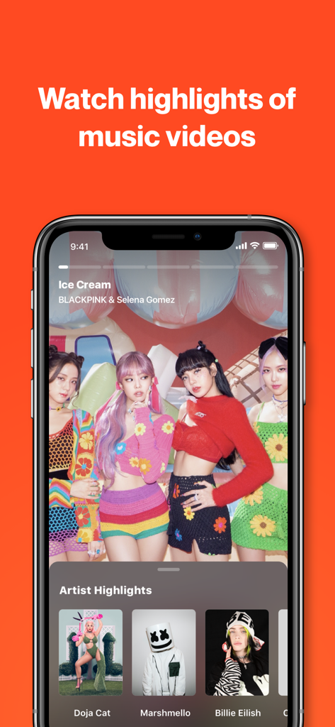 Smartphone screen displaying music video highlights and featured artist profiles in the Shazam app.