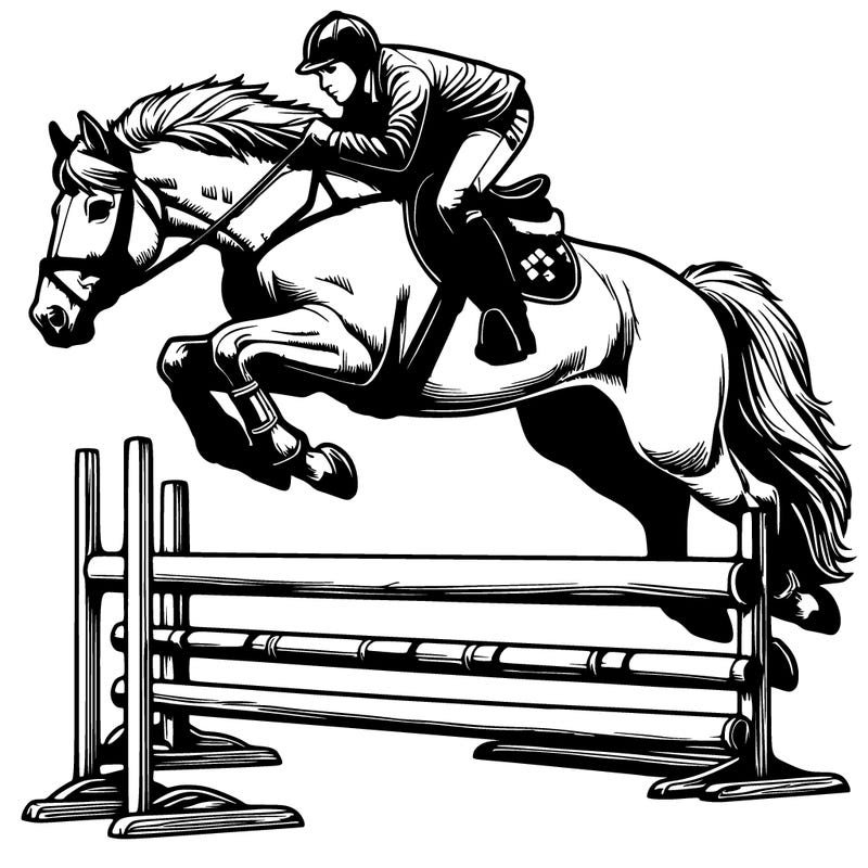 realistic horse jumping over jump with rider