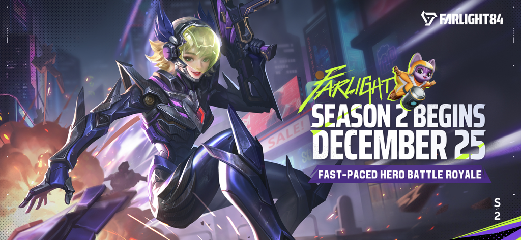 Farlight 84 - Banner promocional de Farlight 84 Temporada 2 con un personaje héroe y una mascota.