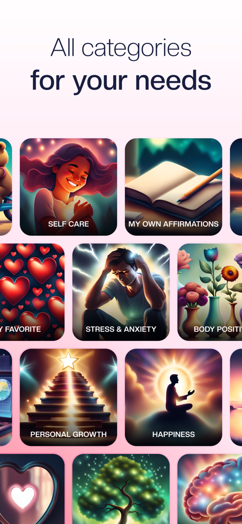 Daily Affirmations—Positive Me - Una pantalla de menú de la aplicación Afirmaciones Diarias que muestra varias categorías de bienestar como Autocuidado Estrés y Ansiedad y Crecimiento Personal.