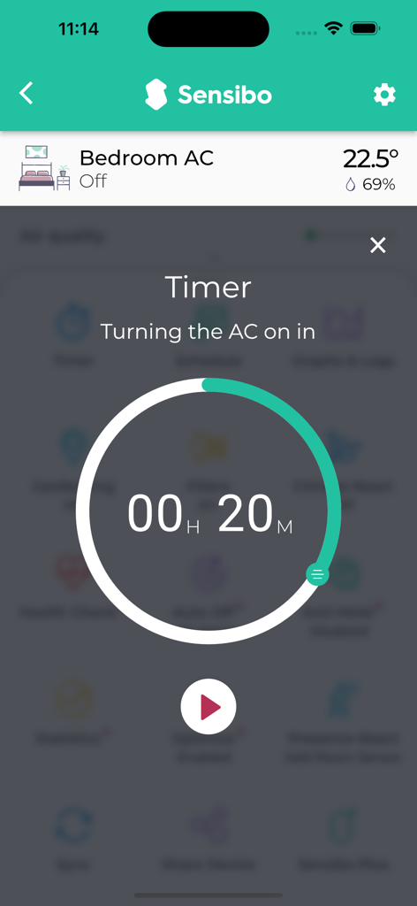Sensibo - Sensibo app screen showing a 20 minute countdown timer to turn on the bedroom air conditioner