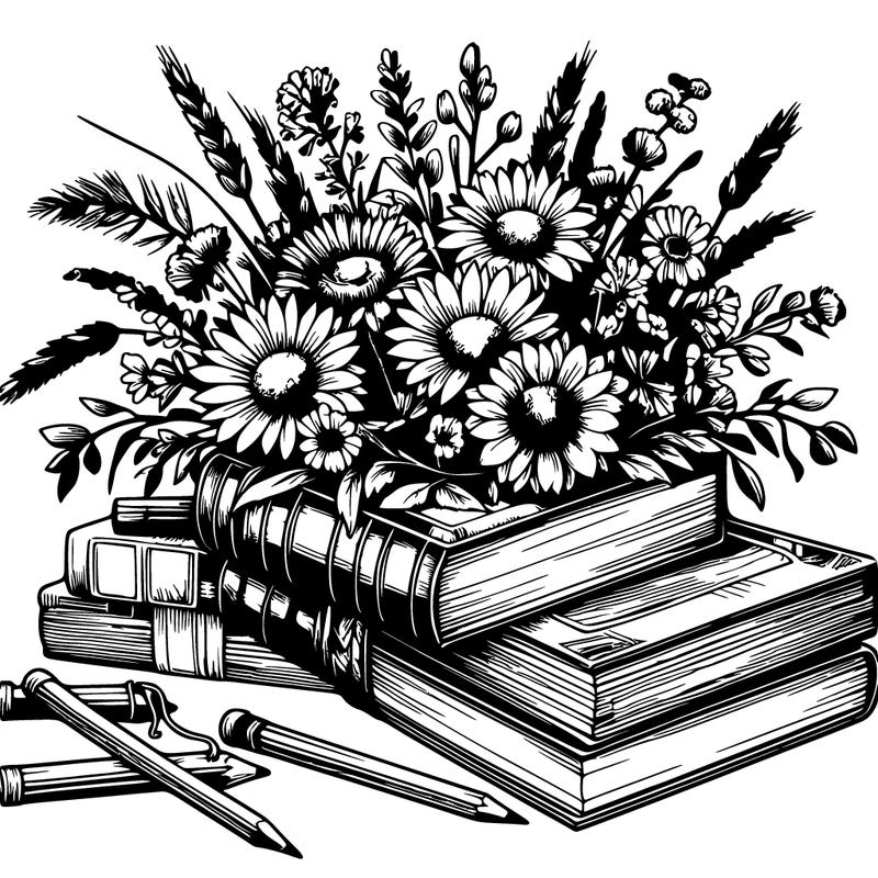 rustic books and wildflowers realistic