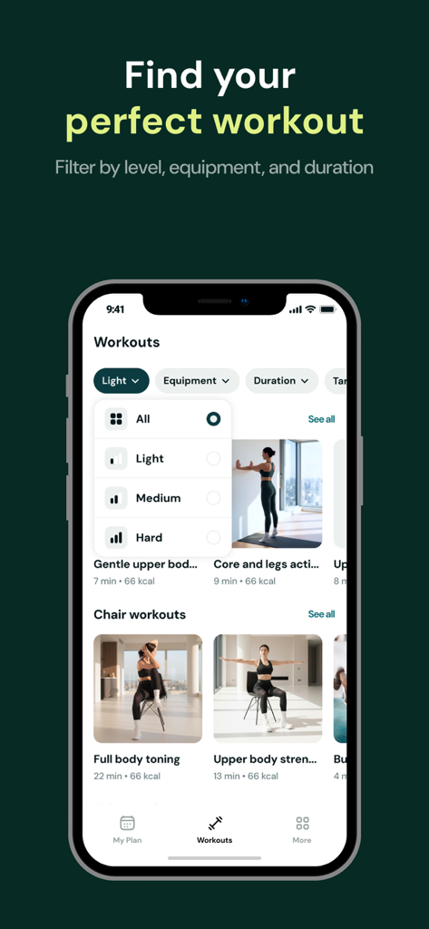 Lasta Fit app screen displaying workout categories and filtering options for different fitness levels and equipment