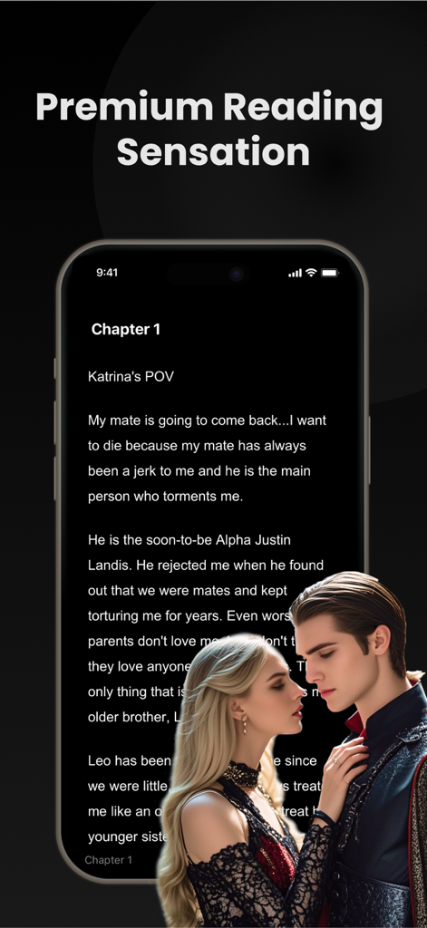 LooRead mobile app showing a romance web novel chapter in dark mode with a romantic couple illustration.