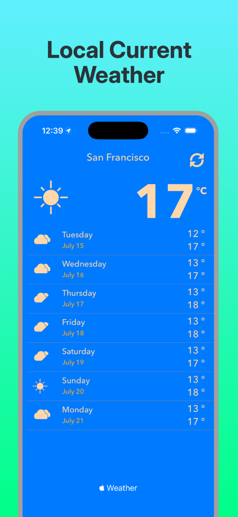 Weather News - Weather News app display showing local weather and seven day forecast