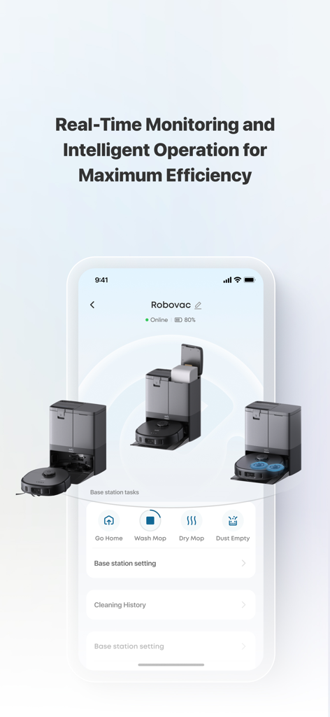 Smartphone showing the eufy Clean app interface for real-time monitoring and control of a robotic vacuum
