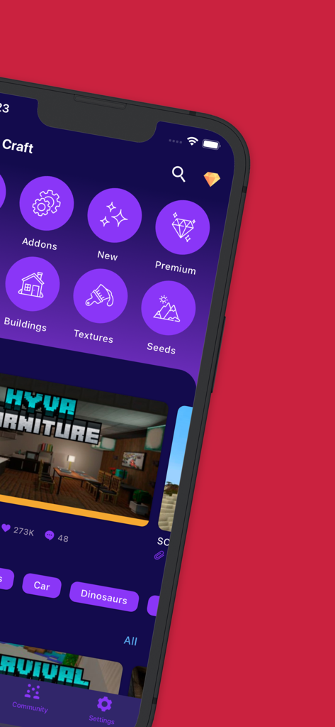 Mods, Skins for Minecraft PE - アドオン、建物、テクスチャのカテゴリを示すMinecraft PE用MODおよびスキンアプリのユーザーインターフェース。