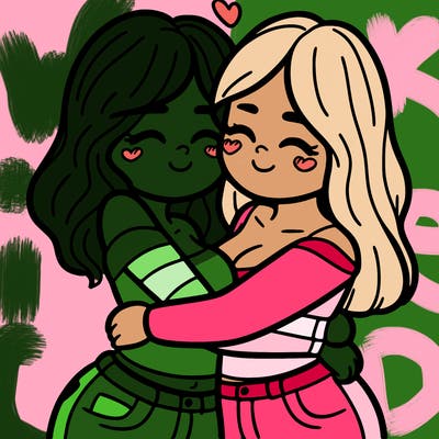 two females (pride month) hugging