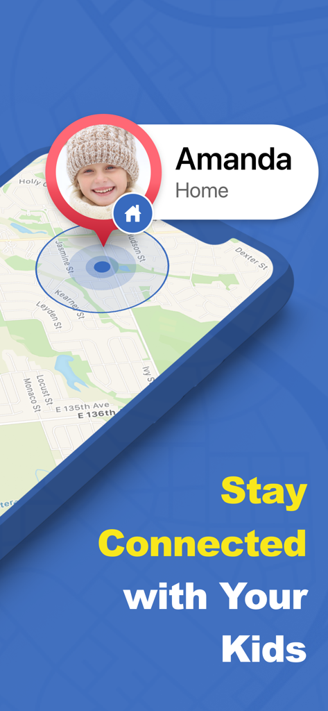Un écran mobile montrant une carte avec la localisation d'un enfant et le texte Restez connecté avec vos enfants