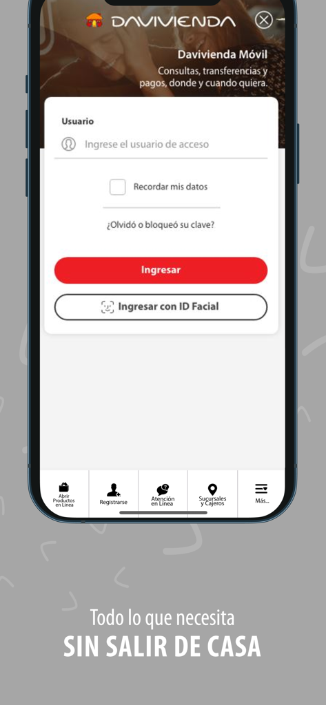 Davivienda Costa Rica - Pantalla de inicio de sesión de la aplicación bancaria Davivienda Costa Rica con Face ID y entrada de credenciales de usuario