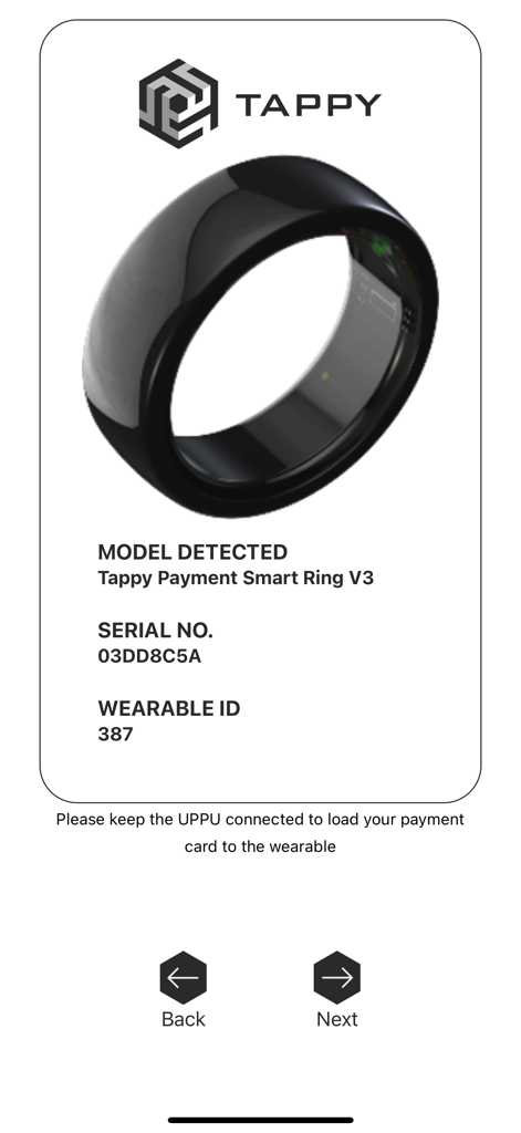 Tappy Pay - Tappy Pay app screen showing a detected smart ring with model and serial number information