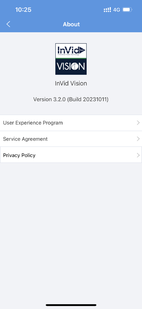 InVid Vision - InVid Vision mobile app about screen showing version information and legal policy links