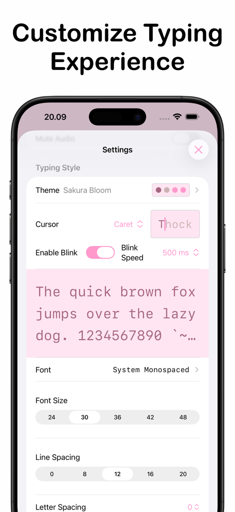Settings screen in ClickClack Typing Trainer for customizing themes and fonts
