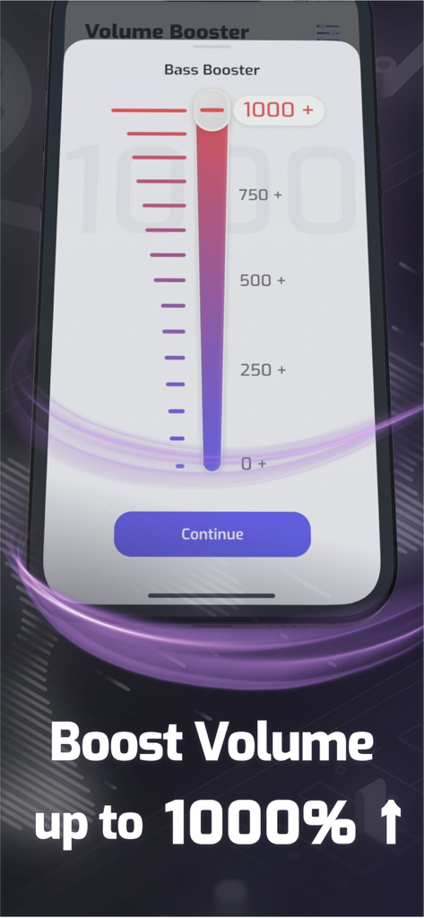 Sound Booster: Volume Booster - Interface of the Sound Booster app showing a bass booster slider set to 1000 percent