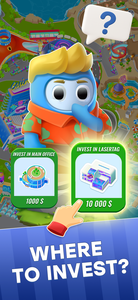 Diamond City: Idle Tycoon - Eine Figur entscheidet, ob sie in das Hauptbüro oder in Lasertag in Diamond City Idle Tycoon investiert