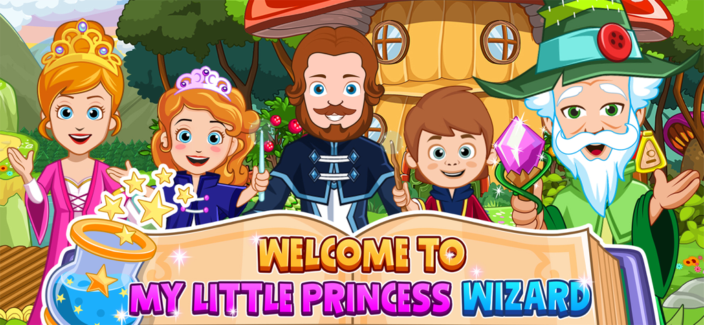 My Little Princess Wizard Game - Personajes de My Little Princess Wizard Game de pie en un bosque mágico frente a una casa de hongos.