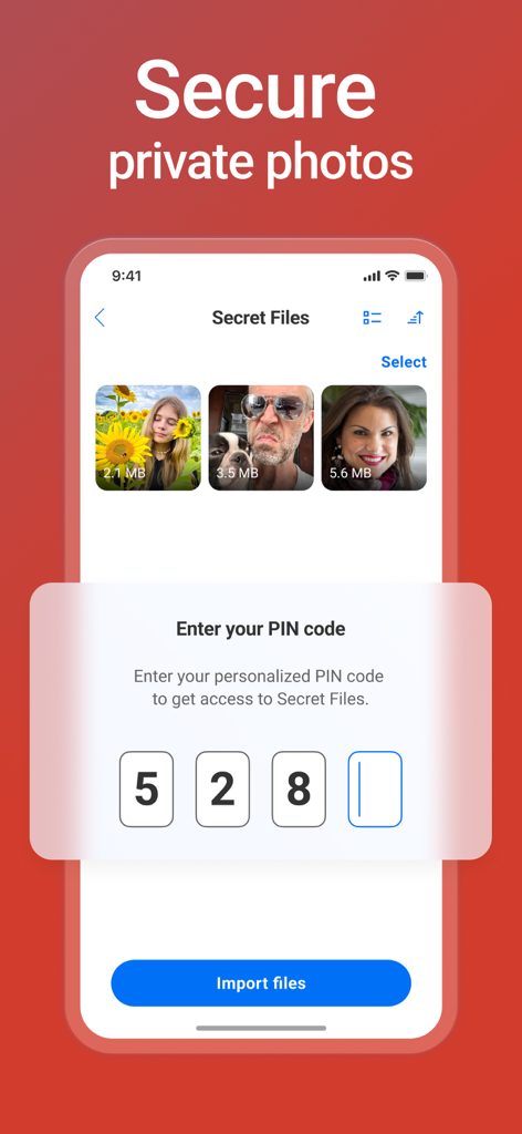 Interfaz de la aplicación CCleaner para iPhone que muestra la bóveda de Archivos Secretos con entrada de código PIN para proteger fotos privadas