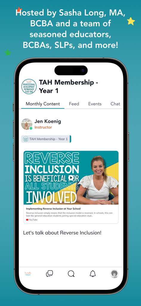 The Autism Helper app interface showing a training video lesson about reverse inclusion for students.