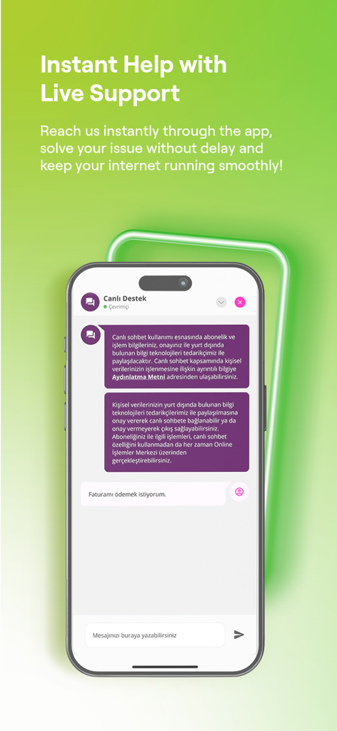 TurkNet mobile app interface showing the live support chat feature for instant help