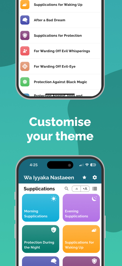 Wa Iyyaka Nastaeen - Interface of the Wa Iyyaka Nastaeen app showing a list of daily supplications and a customizable dashboard with colorful tiles for morning and evening prayers