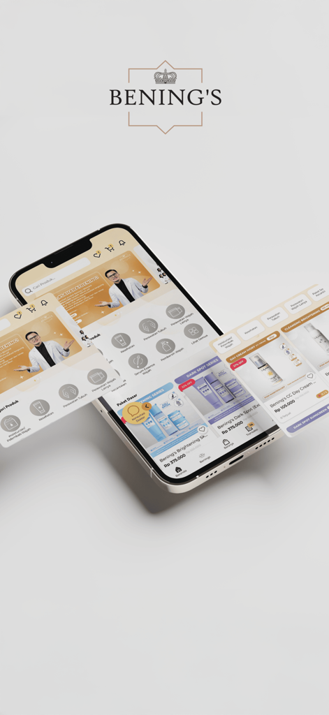 Smartphone displaying the Bening's app interface for professional skincare products and online medical consultations.