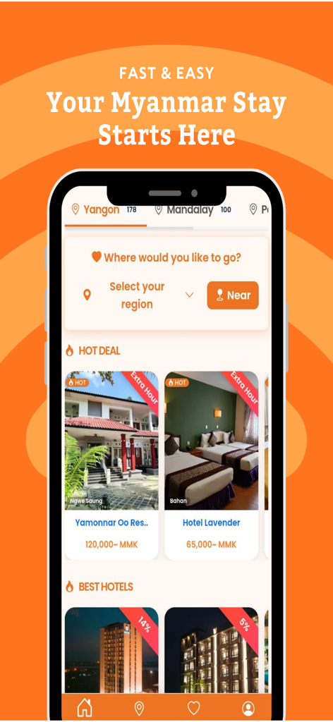 미얀마 호텔 거래 및 지역 검색을 보여주는 Stay2Hotel 모바일 앱 홈 화면.