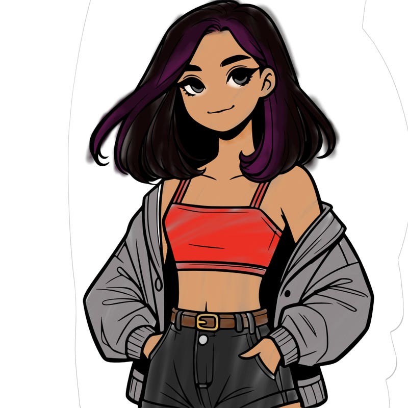 a realistic girl with a crop top and short shorts in an open jacket