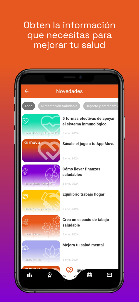 Muvu - Muvu app news feed displaying health and wellness articles for corporate employees