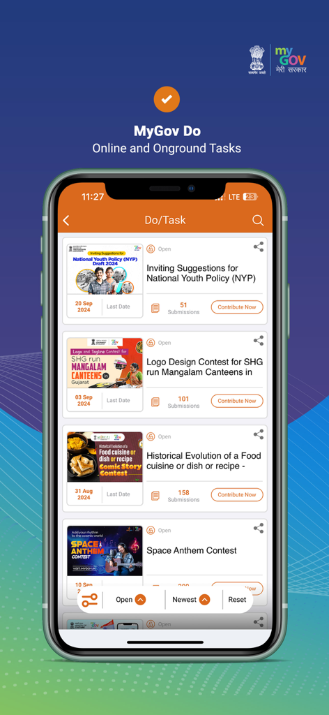 MyGov India - मेरी सरकार - MyGov India app screen showing online tasks and creative contests for citizen engagement