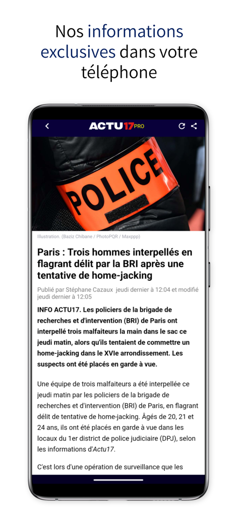 Actu17 mobile app displaying a news article about a police intervention in Paris.