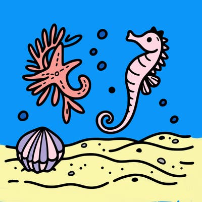 sand, sea horse, starfish