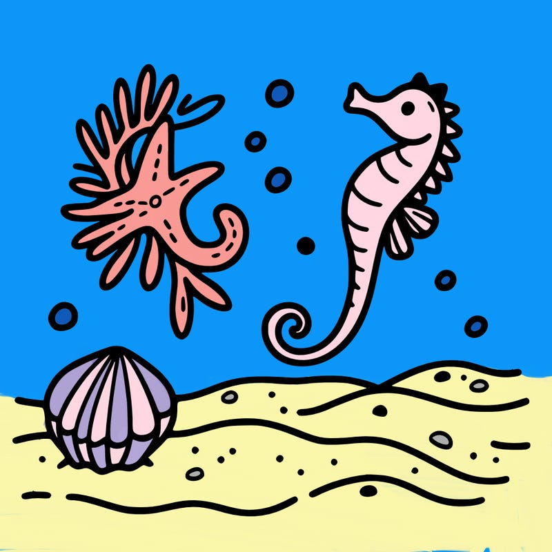 sand, sea horse, starfish