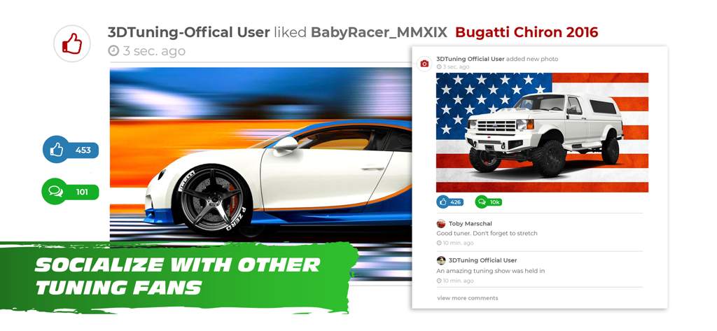 Social community feed in 3DTuning app showing customized cars and user interactions