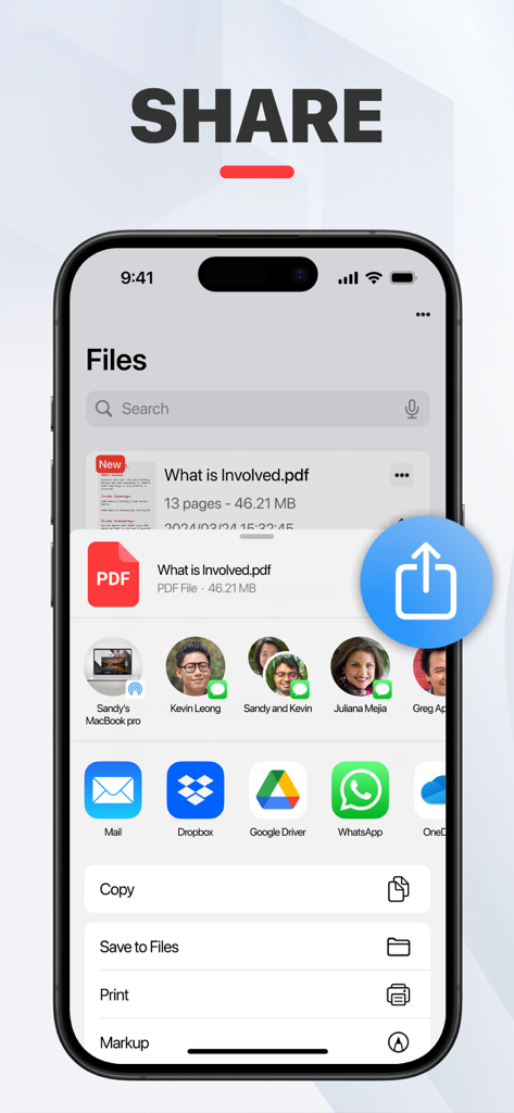 PDF Converter Image to PDF - Tela do iPhone mostrando um documento PDF sendo compartilhado através da folha de compartilhamento do iOS para aplicativos de produtividade como Dropbox e Google Drive